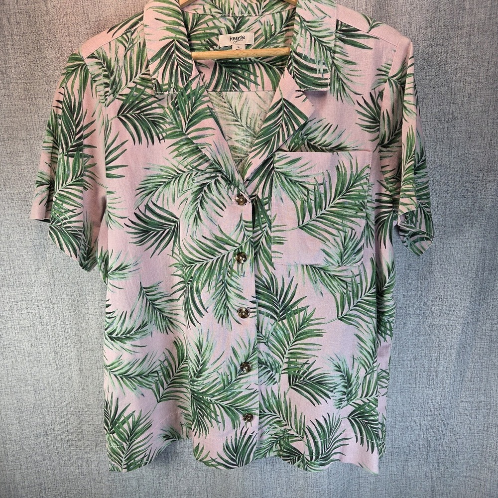 Kensie Camp Shirt Pink Palm Frond Linen Large Button Down Collared Beachy Summer